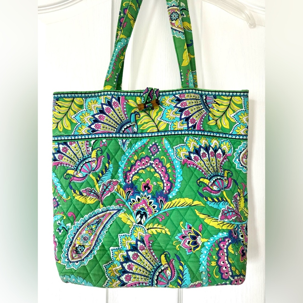 Vibrant Vera Bradley Tote Bag Green Paisley Quilted Cotton Shoulder Purse Boho
